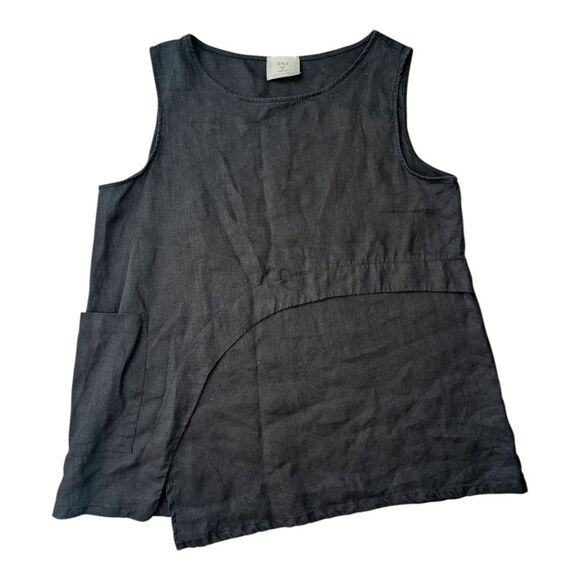 Chalet Et Ceci Black 💯 Linen Top W Pocket Large - Picture 6 of 9